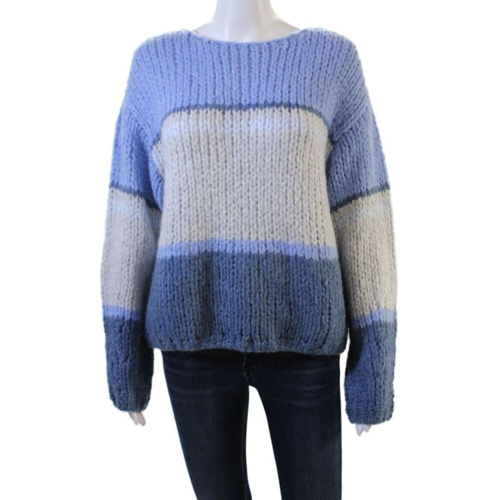OUI Women Pullover Light Blue Striped Round Neck Long Sleeve Size 6
